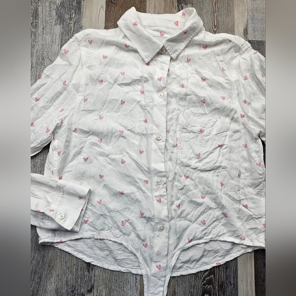 Rails Women's XS Tie Front Button Down Shirt White with Pink Hearts - Picture 2 of 8